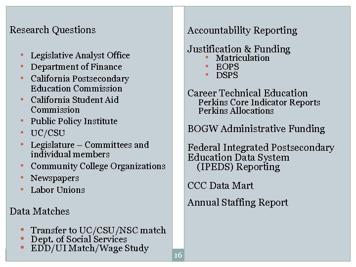 Research Questions Accountability Reporting Justification & Funding • Legislative Analyst Office • Department of