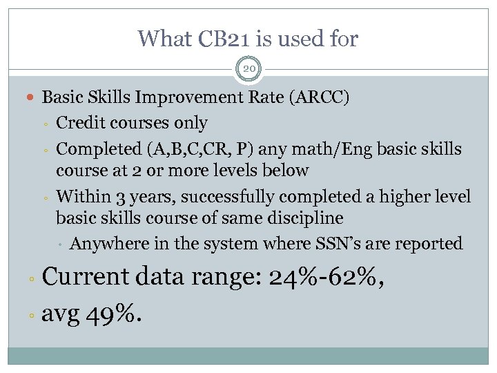 What CB 21 is used for 20 Basic Skills Improvement Rate (ARCC) ◦ ◦