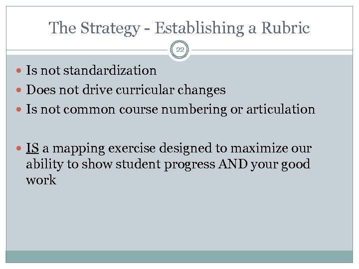 The Strategy - Establishing a Rubric 22 Is not standardization Does not drive curricular