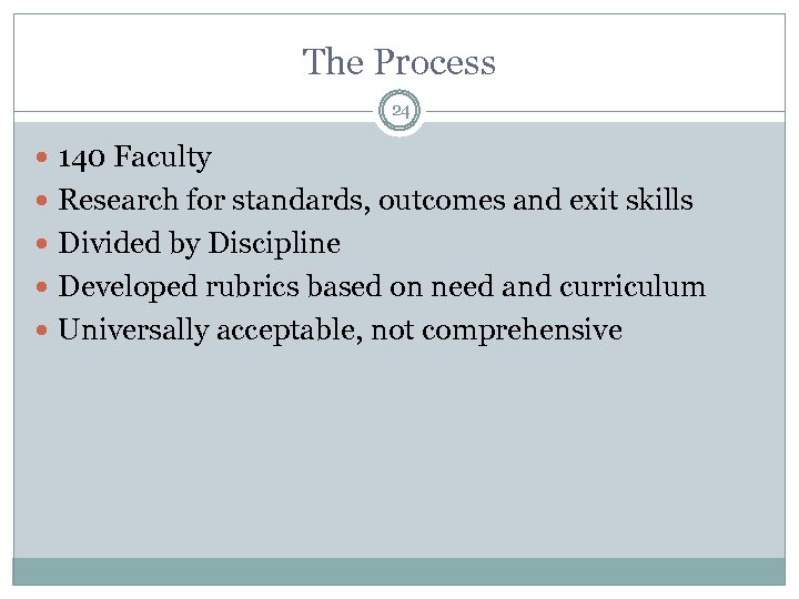 The Process 24 140 Faculty Research for standards, outcomes and exit skills Divided by