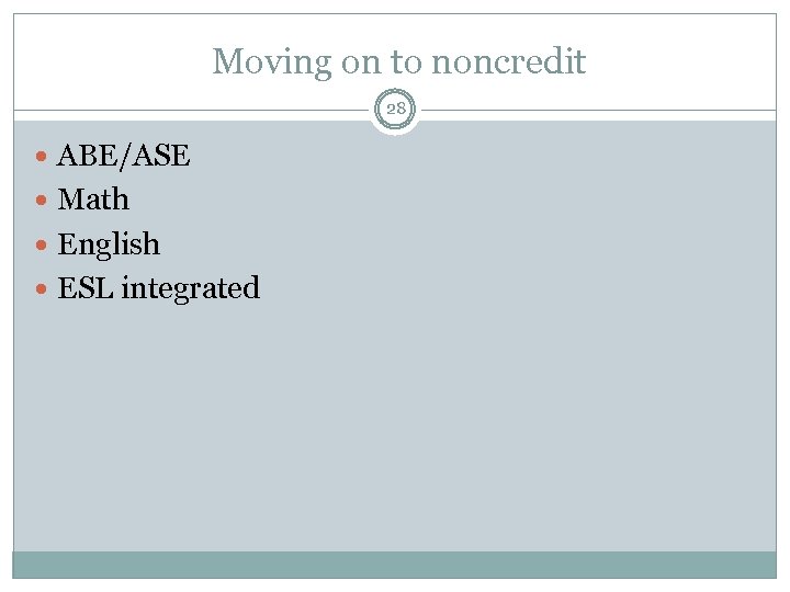 Moving on to noncredit 28 ABE/ASE Math English ESL integrated 