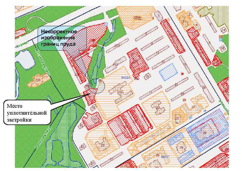 Некорректное изображение границ пруда Место уплотнительной застройки 
