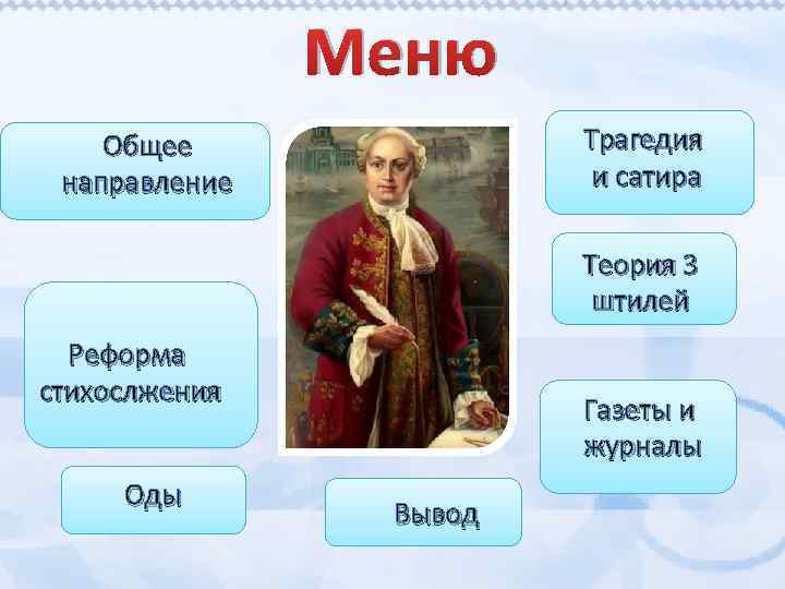 Меню Трагедия и сатира Общее направление Теория 3 штилей Реформа стихослжения Оды Газеты и