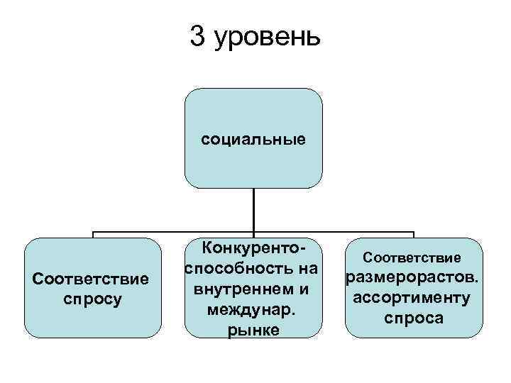 3 уровень социальные Соответствие спросу Конкурентоспособность на внутреннем и междунар. рынке Соответствие размерорастов. ассортименту