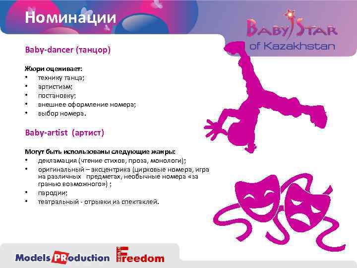 Номинации Baby-dancer (танцор) Жюри оценивает: • технику танца; • артистизм; • постановку; • внешнее