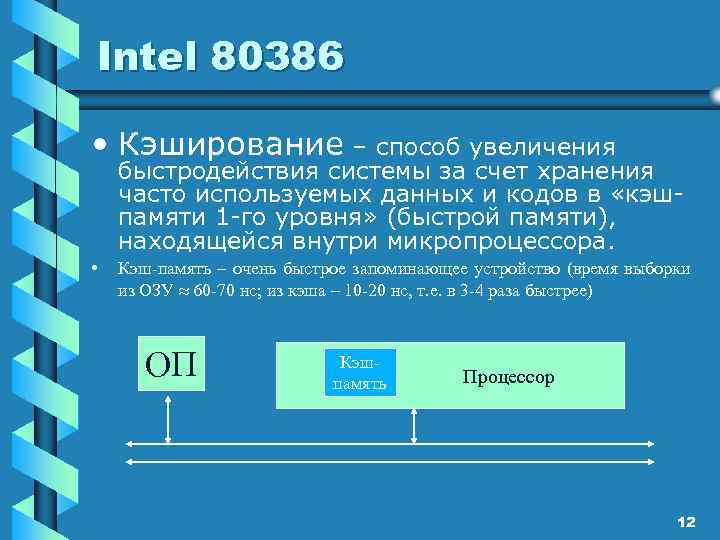 Intel 80386 • Кэширование – способ увеличения быстродействия системы за счет хранения часто используемых