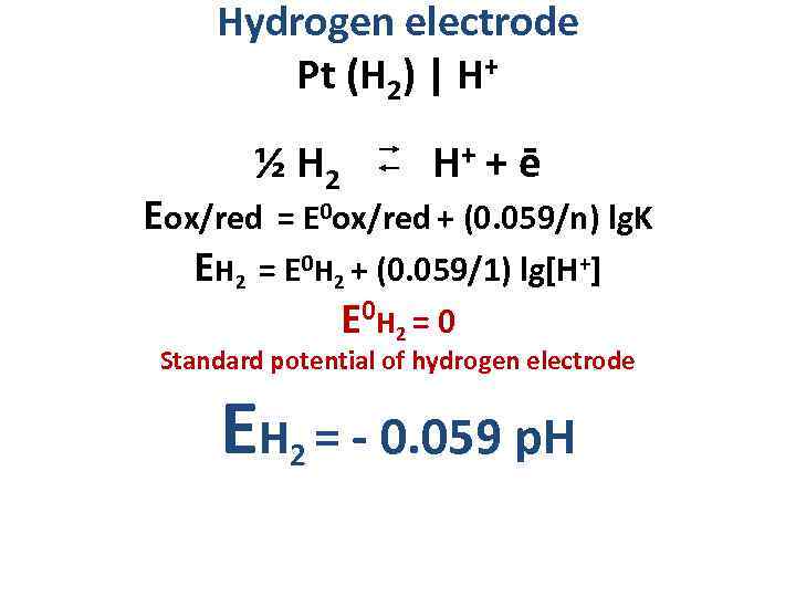 Hydrogen electrode Pt (H 2) | H+ ½ Н 2 Н+ + ē Eox/red