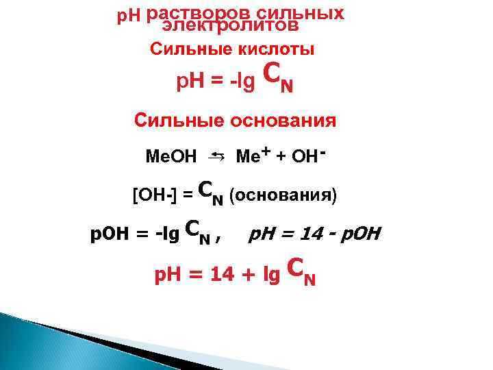 p. H растворов сильных электролитов Сильные кислоты p. H = -lg CN Сильные основания