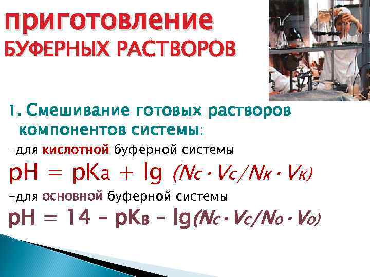приготовление БУФЕРНЫХ РАСТВОРОВ 1. Смешивание готовых растворов компонентов системы: -для кислотной буферной системы p.