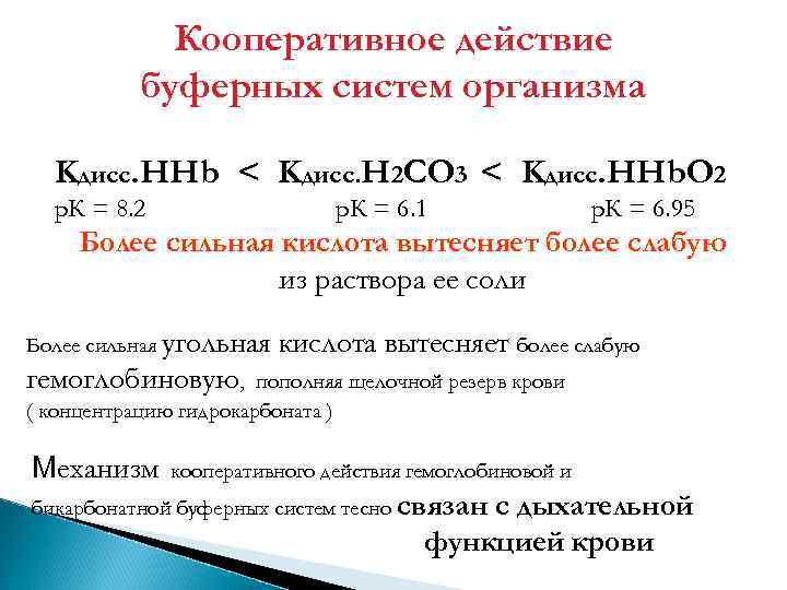 Кооперативное действие буферных систем организма Kдисс. HHb < Kдисс. H 2 CO 3 <