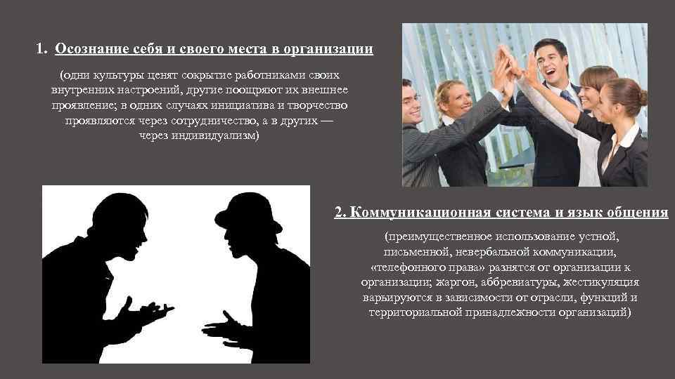 1. Осознание себя и своего места в организации (одни культуры ценят сокрытие работниками своих