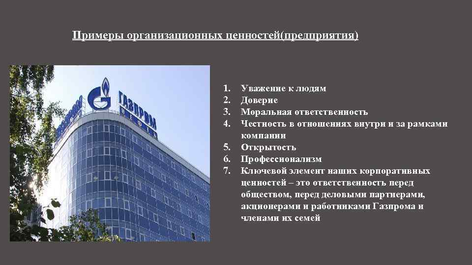 Примеры организационных ценностей(предприятия) 1. 2. 3. 4. 5. 6. 7. Уважение к людям Доверие
