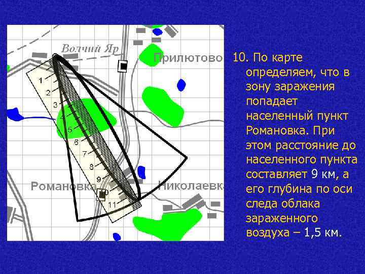 10. По карте определяем, что в зону заражения попадает населенный пункт Романовка. При этом