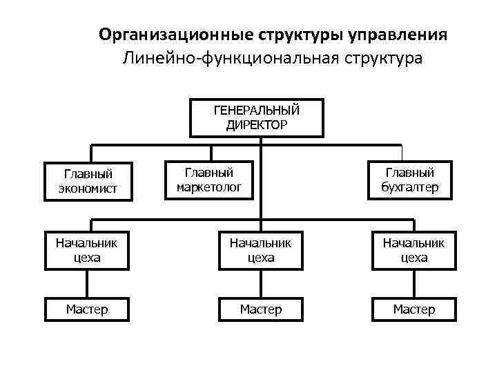 Организационные структуры управления Линейно-функциональная структура ГЕНЕРАЛЬНЫЙ ДИРЕКТОР Главный экономист Главный маркетолог Главный бухгалтер Начальник