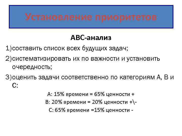 Установление приоритетов АВС-анализ 1) составить список всех будущих задач; 2) систематизировать их по важности