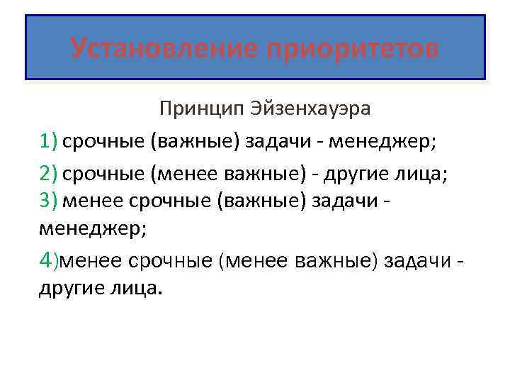 Установление приоритетов Принцип Эйзенхауэра 1) срочные (важные) задачи - менеджер; 2) срочные (менее важные)