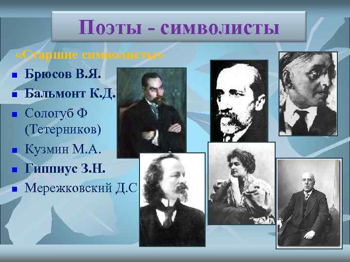 Поэты - символисты «Старшие символисты» n Брюсов В. Я. n Бальмонт К. Д. n