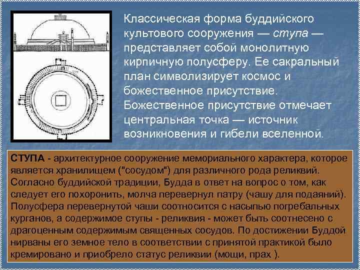 Классическая форма буддийского культового сооружения — ступа — представляет собой монолитную кирпичную полусферу. Ее