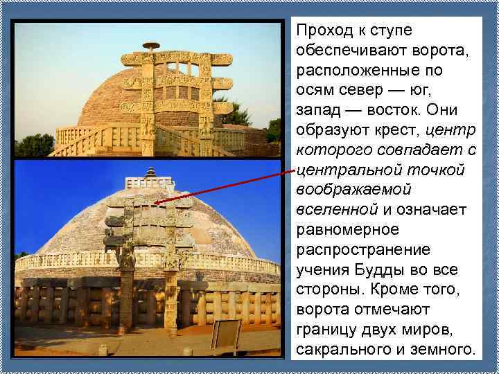 Проход к ступе обеспечивают ворота, расположенные по осям север — юг, запад — восток.
