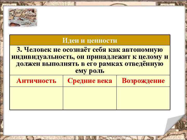 Идеи и ценности 3. Человек не осознаёт себя как автономную индивидуальность, он принадлежит к