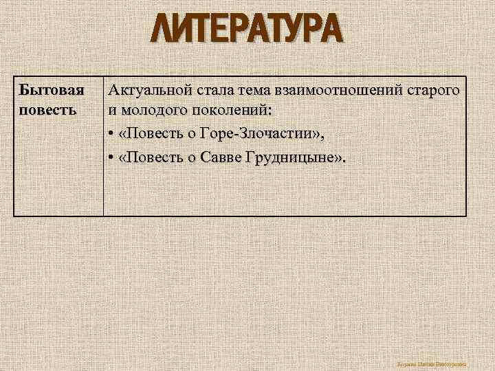 ЛИТЕРАТУРА Бытовая повесть Актуальной стала тема взаимоотношений старого и молодого поколений: • «Повесть о