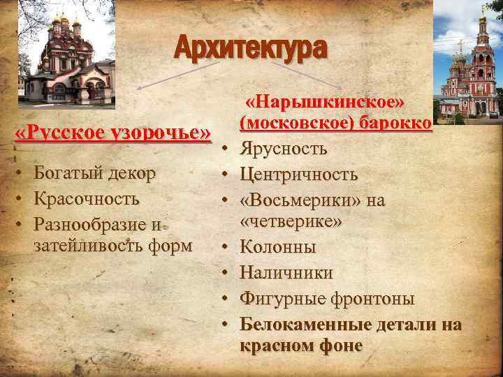 Архитектура «Нарышкинское» «Русское узорочье» (московское) барокко • Ярусность • Богатый декор • Центричность •