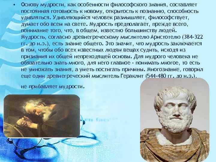  • Основу мудрости, как особенности философского знания, составляет постоянная готовность к новому, открытость