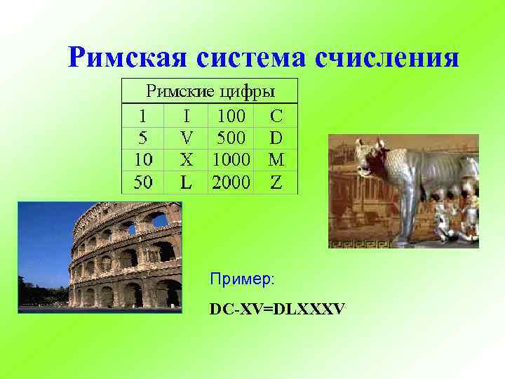 Римская система счисления Пример: DC-XV=DLXXXV 