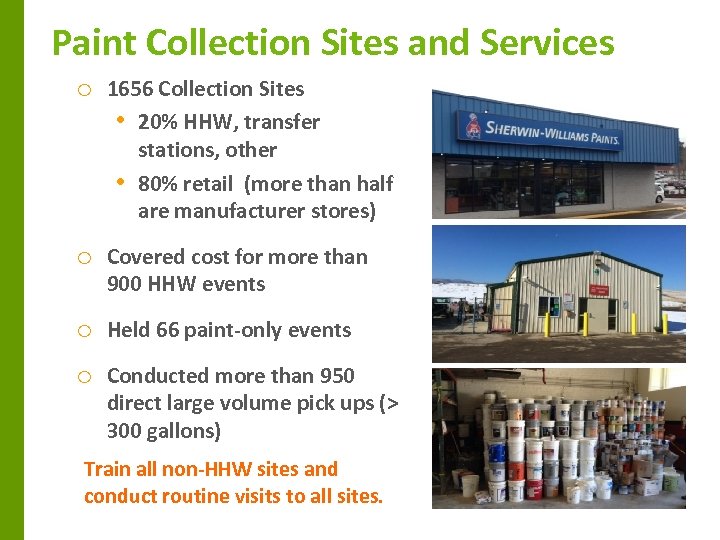 Paint Collection Sites and Services o 1656 Collection Sites • 20% HHW, transfer •