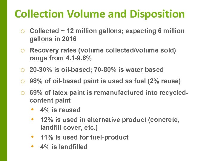 Collection Volume and Disposition o Collected ~ 12 million gallons; expecting 6 million gallons