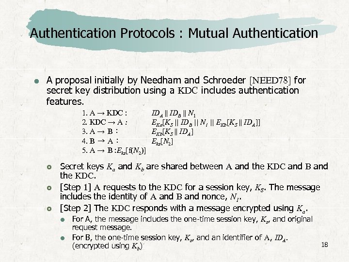 Authentication Protocols : Mutual Authentication A proposal initially by Needham and Schroeder [NEED 78]