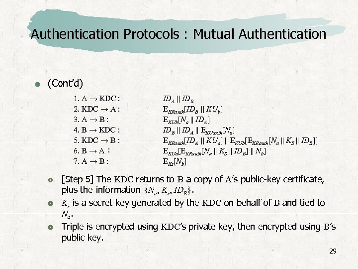 Authentication Protocols : Mutual Authentication (Cont’d) 1. A → KDC : 2. KDC →