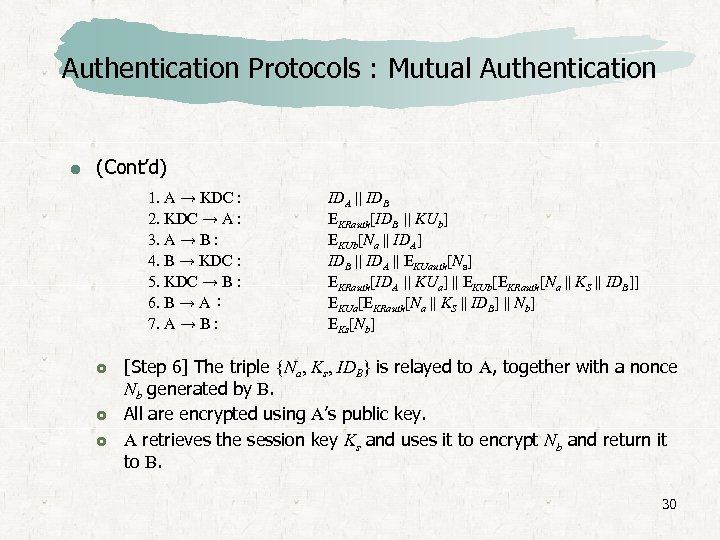 Authentication Protocols : Mutual Authentication (Cont’d) 1. A → KDC : 2. KDC →