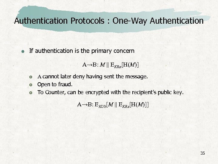 Authentication Protocols : One-Way Authentication If authentication is the primary concern A→B: M ||