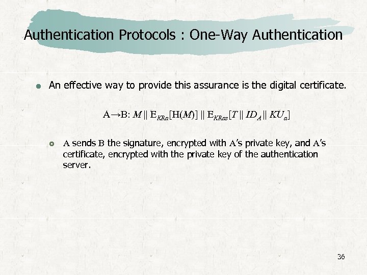 Authentication Protocols : One-Way Authentication An effective way to provide this assurance is the