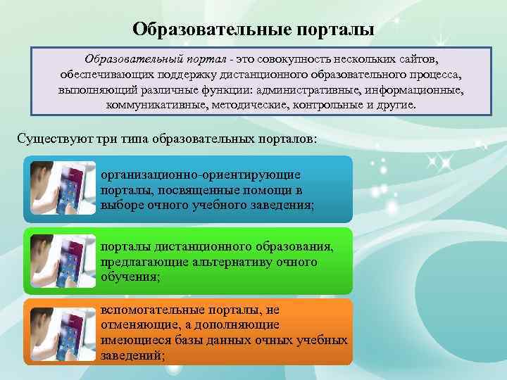 Образовательные порталы Образовательный портал - это совокупность нескольких сайтов, обеспечивающих поддержку дистанционного образовательного процесса,