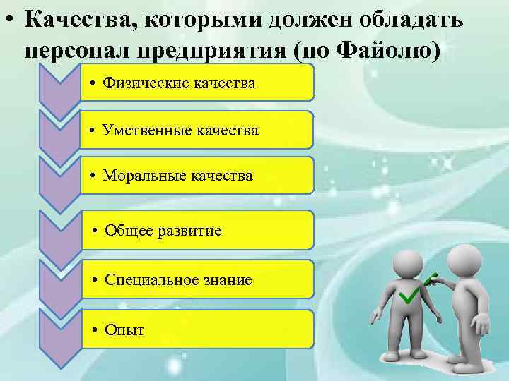  • Качества, которыми должен обладать персонал предприятия (по Файолю) • Физические качества •