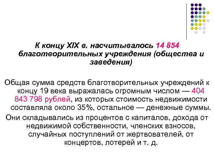 К концу XIX в. насчитывалось 14 854 благотворительных учреждения (общества и заведения) Общая сумма