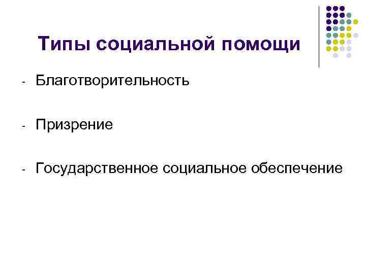 Типы социальной помощи - Благотворительность - Призрение - Государственное социальное обеспечение 