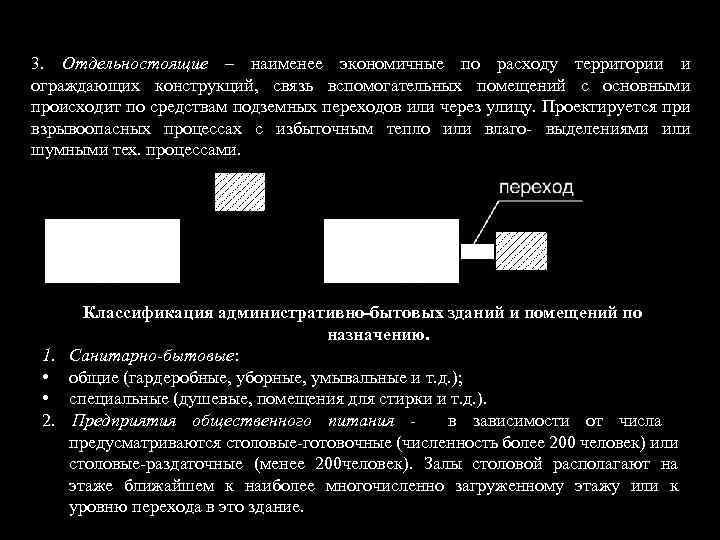 3. Отдельностоящие – наименее экономичные по расходу территории и ограждающих конструкций, связь вспомогательных помещений