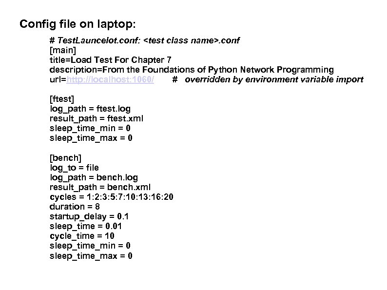Config file on laptop: # Test. Launcelot. conf: <test class name>. conf [main] title=Load