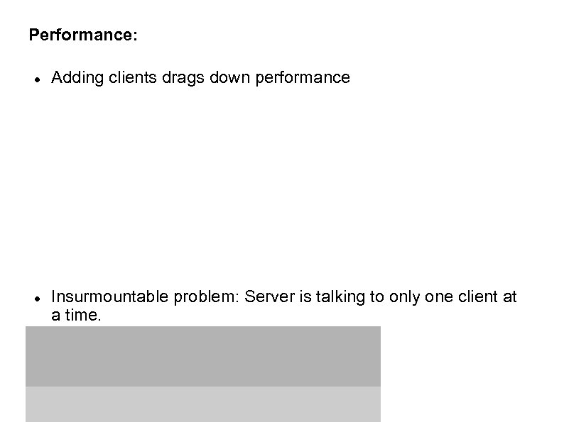 Performance: Adding clients drags down performance Insurmountable problem: Server is talking to only one