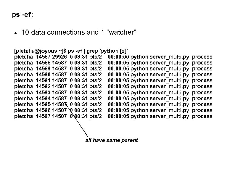 ps -ef: 10 data connections and 1 “watcher” [pletcha@joyous ~]$ ps -ef | grep