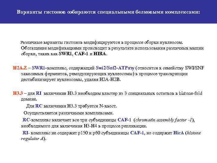 Варианты гистонов собираются специальными белковыми комплексами: Различные варианты гистонов модифицируются в процессе сборки нуклеосом.