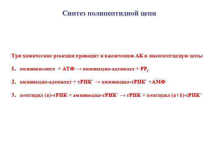 Синтез полипептидной цепи Три химические реакции приводят к включению АК в полипептидную цепь: 1.