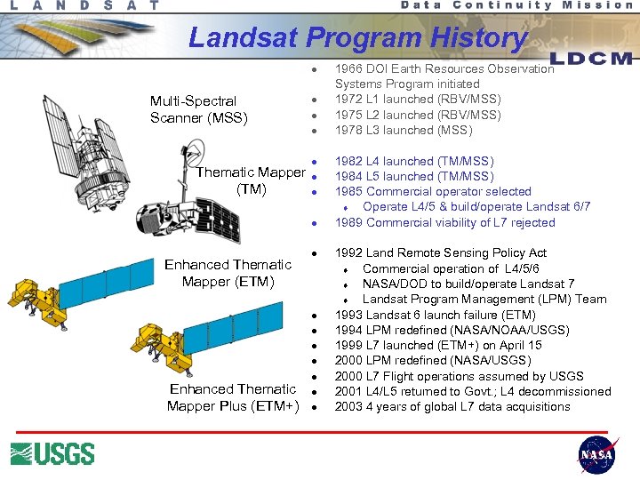 Landsat Program History l Multi-Spectral Scanner (MSS) l l l Thematic Mapper (TM) l