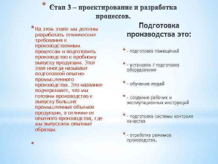 * * На этом этапе мы должны разработать технические требования к производственным процессам и