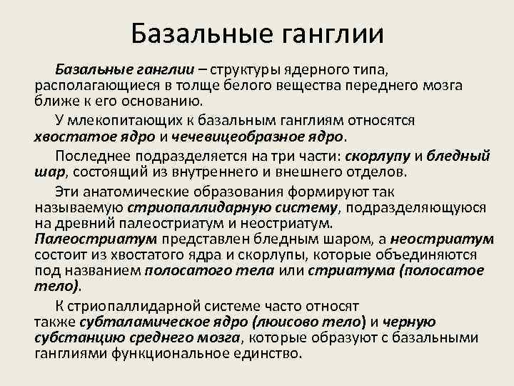 Базальные ганглии – структуры ядерного типа, располагающиеся в толще белого вещества переднего мозга ближе