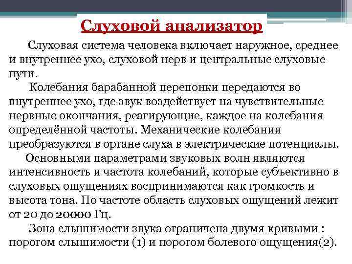 Слуховой анализатор Слуховая система человека включает наружное, среднее и внутреннее ухо, слуховой нерв и