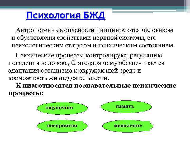 Психология БЖД Антропогенные опасности инициируются человеком и обусловлены свойствами нервной системы, его психологическим статусом